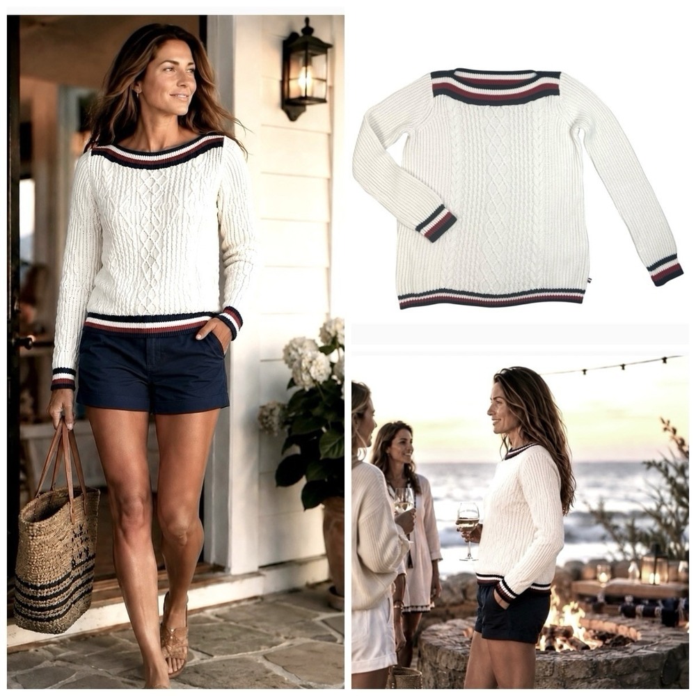 Tommy Hilfiger XS Cable Knit Sweater White Red Navy Nautical Prep Coastal B36"